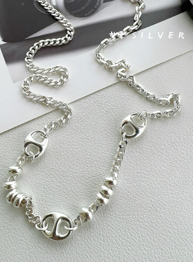 s925纯银猪鼻子拼接项链女复古轻奢小众高级感潮搭颈链锁骨链新款