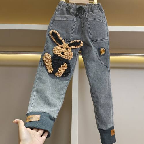 2025新款牛仔裤女秋冬兔子宽松直筒哈伦洋气小脚裤加绒 - 图0