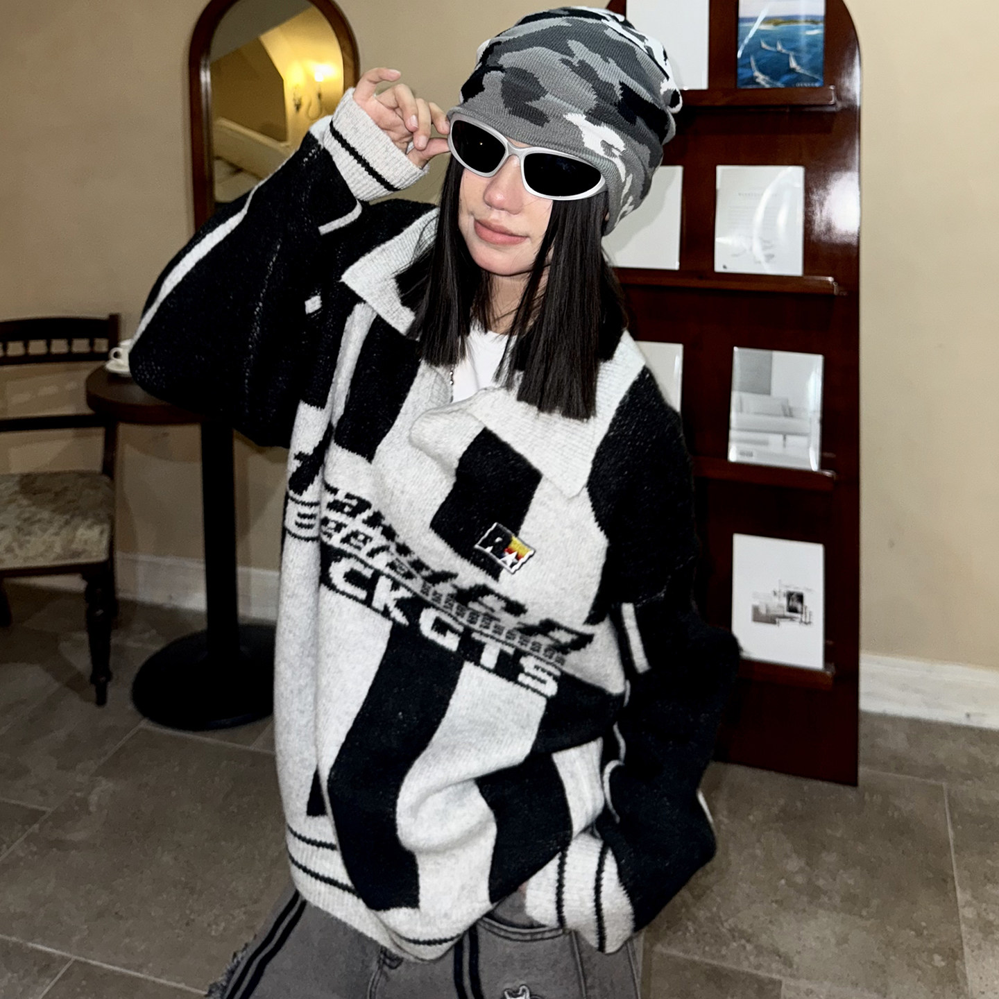 梁拌泡菜美式复古条纹翻领毛衣男女同款休闲街头百搭针织衫上衣,淘宝优惠券,粉丝福利购,淘宝优惠卷