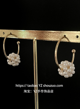 14K包金手工编织珍珠绣球花耳环