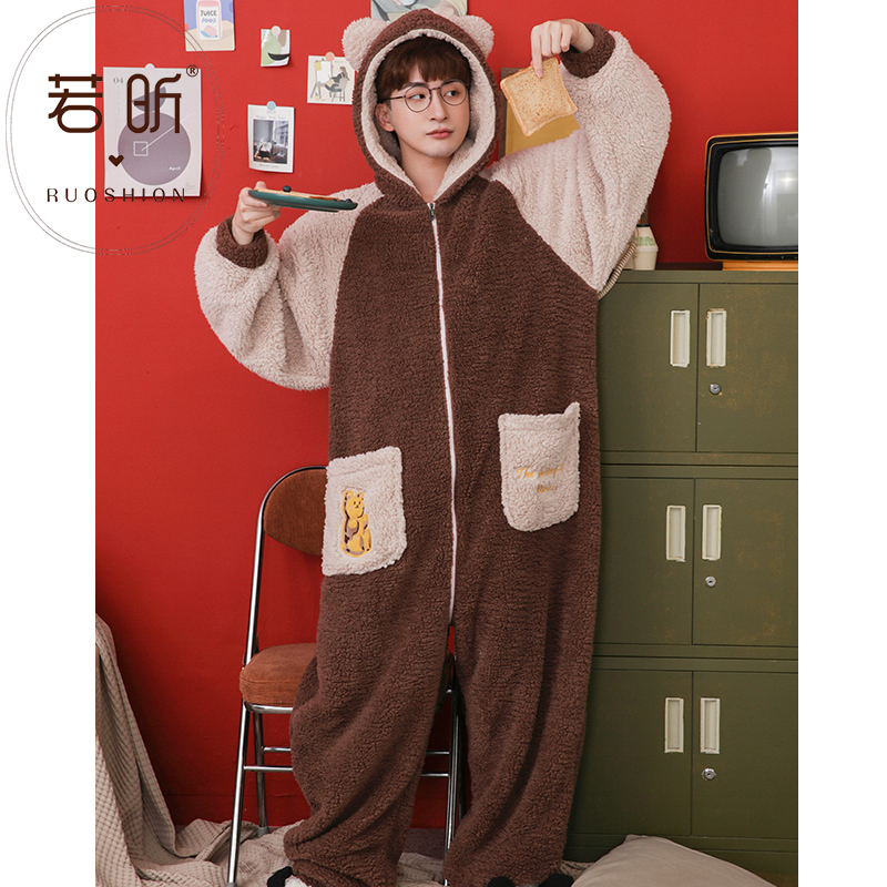 若昕服饰旗舰店珊瑚绒情侣连体睡衣女秋冬季款套装加厚法兰绒男士卡通动漫家居服2