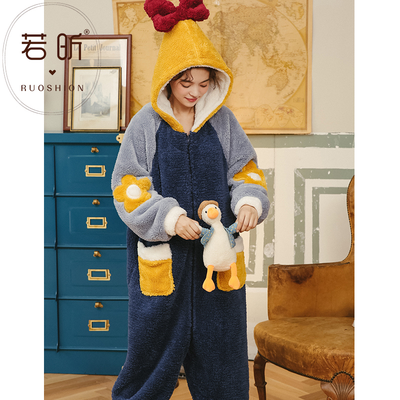 若昕服饰旗舰店珊瑚绒睡衣女春秋冬季连体卡通动漫可爱甜美套装保暖法兰绒家居服2