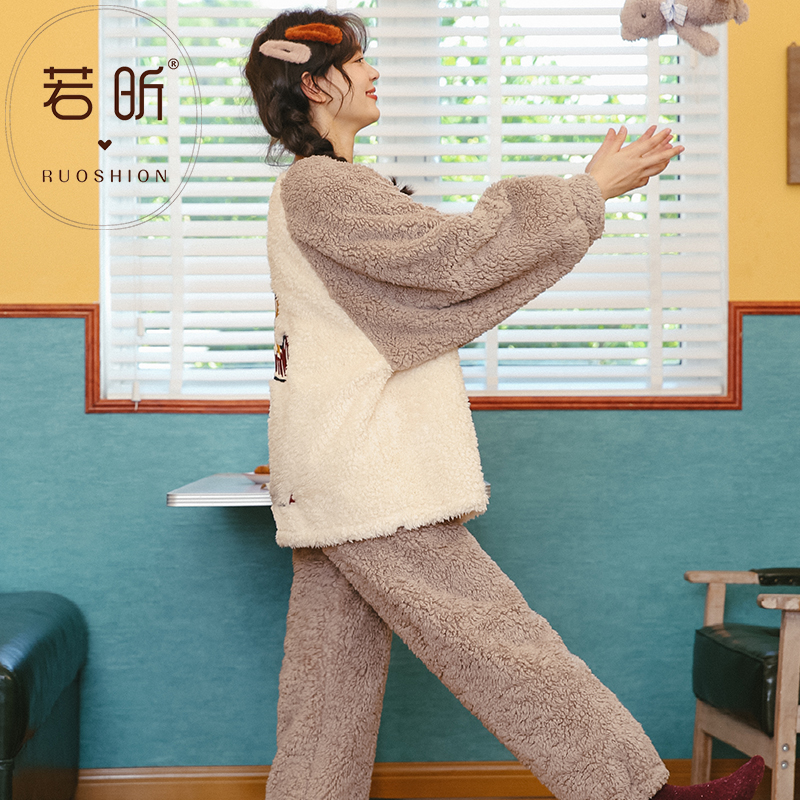 若昕服饰旗舰店珊瑚绒睡衣女秋冬季款甜美清新可爱加厚法兰绒学生套装卡通家居服0