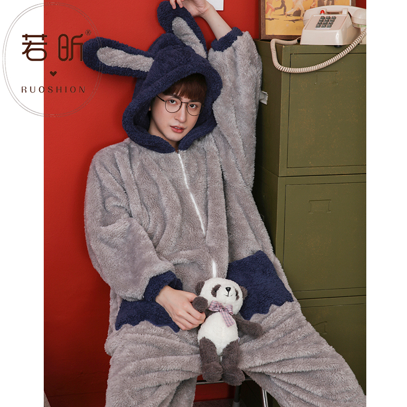 若昕服饰旗舰店珊瑚绒情侣连体睡衣女秋冬季款套装加厚法兰绒男士卡通动漫家居服3