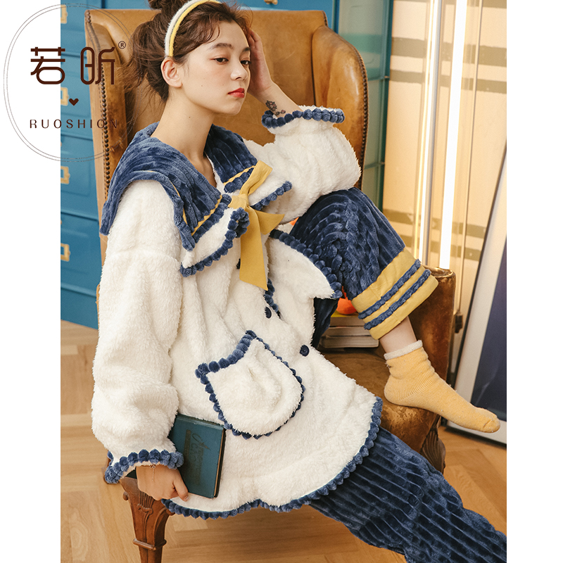 若昕服饰旗舰店珊瑚绒睡衣女士春秋冬季款甜美可爱加厚法兰绒套装学生保暖家居服3