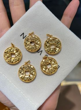 纯18k碎冰冰铜钱币au750彩金百搭轻奢复古高级感小众项饰吊坠