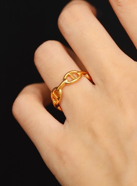 18K猪鼻子戒指AU750彩金不脱模时尚百搭女镂空光面指环送女友礼物