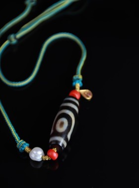 10737台一两眼天珠锁骨链雪巴珠眼睛珍珠老黄金片多宝项链文玩藏