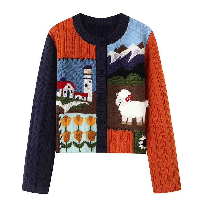 毛衣外套2025秋季新品童趣风景拼块毛织绞花圆领长袖短针织开衫女,淘宝优惠券,粉丝福利购,淘宝优惠卷