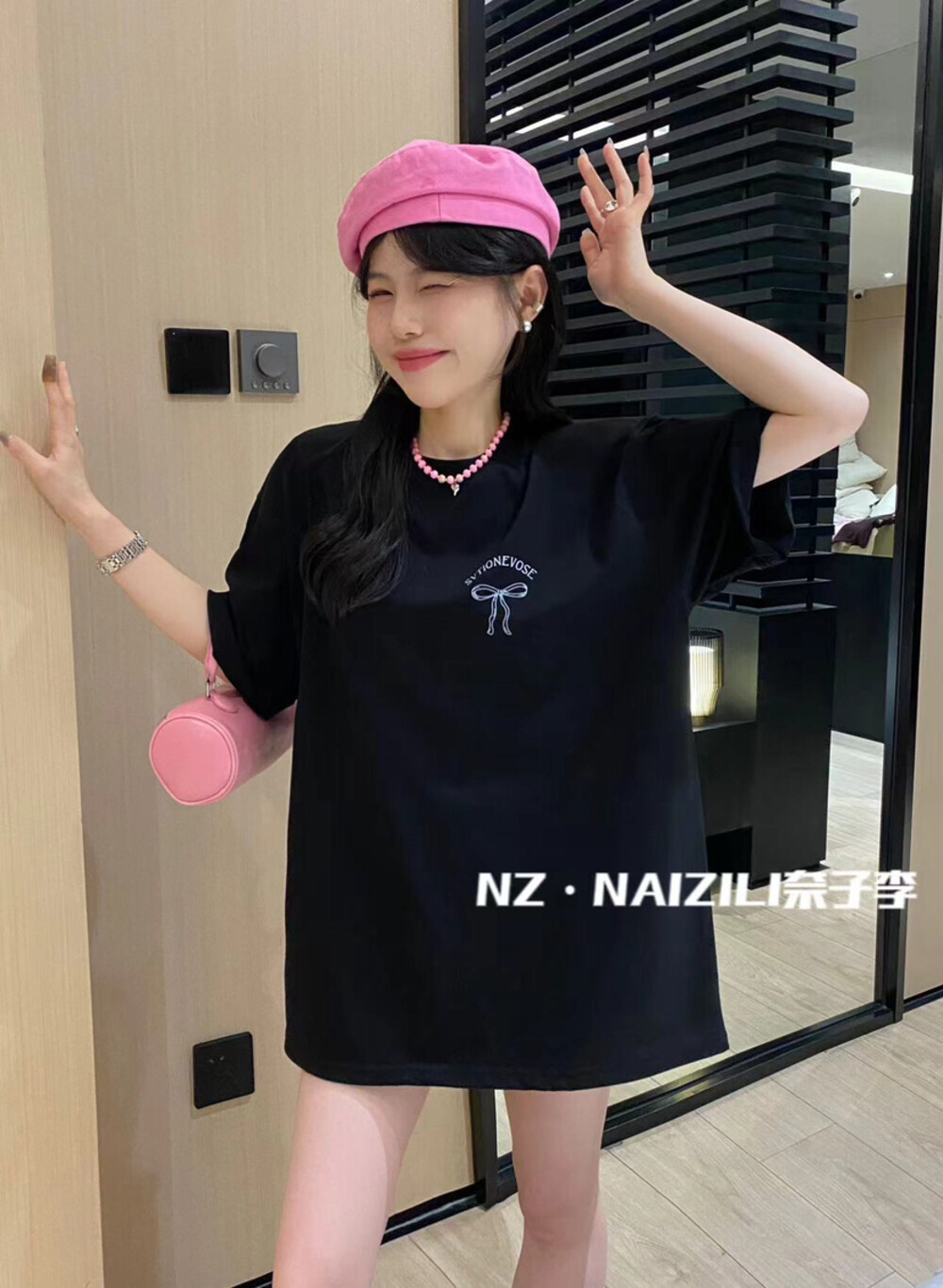 NAIZI奈子蝴蝶结字母印花圆领短袖T恤女夏季2024新款百搭宽松上衣 - 图0