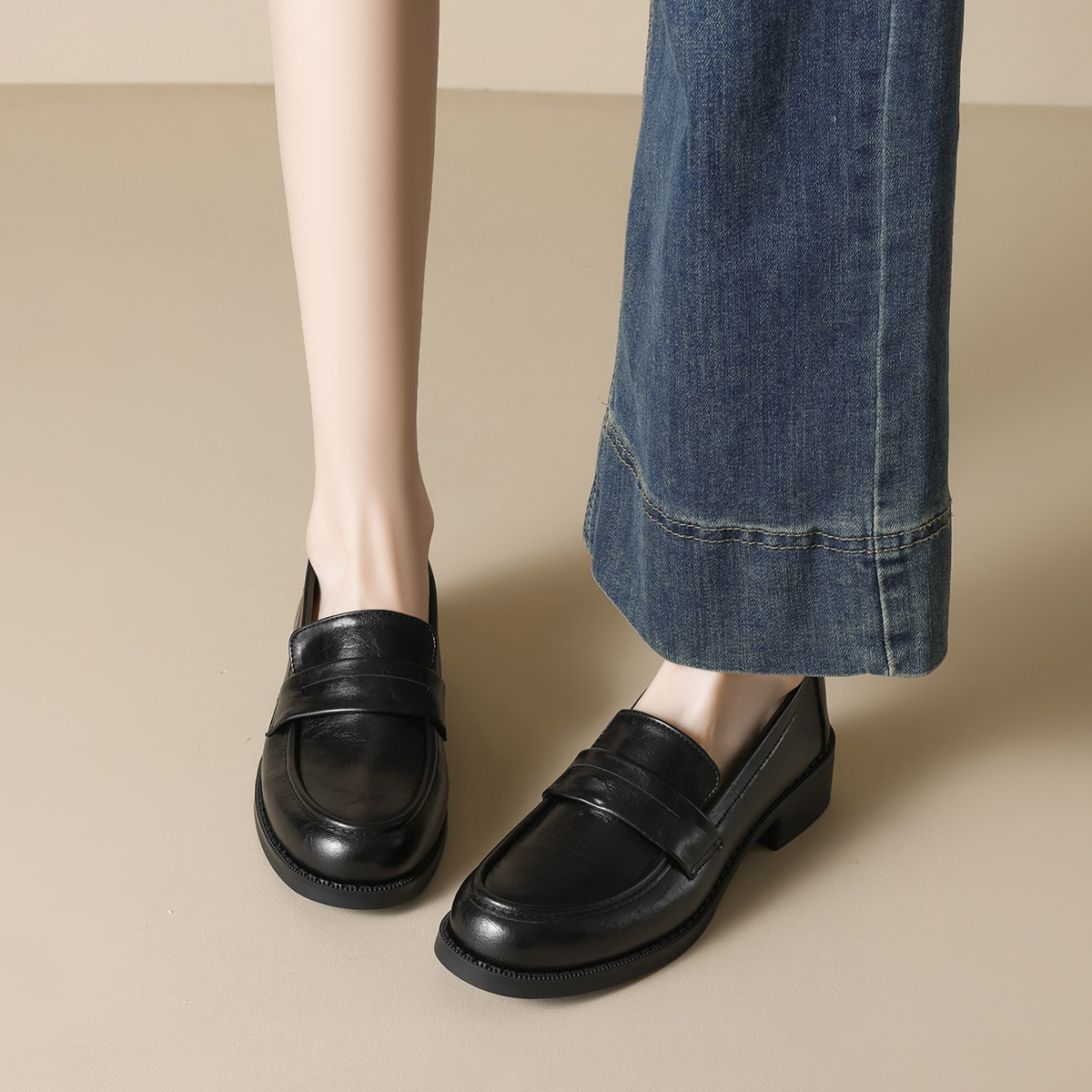 法式圆头粗跟乐福鞋女复古英伦小皮鞋方头软底中跟工作鞋通勤职业,淘宝优惠券,粉丝福利购,淘宝优惠卷