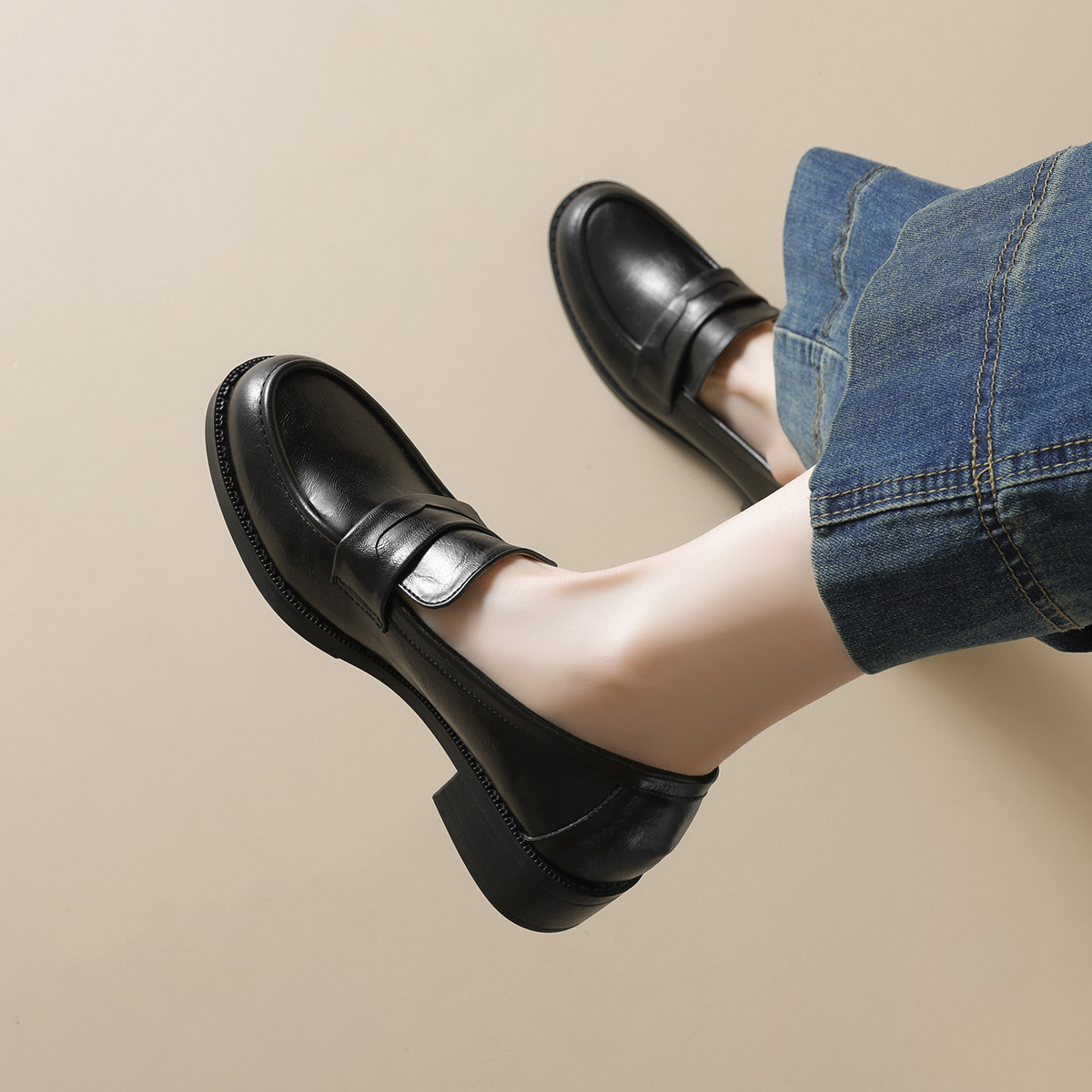 法式圆头粗跟乐福鞋女复古英伦小皮鞋方头软底中跟工作鞋通勤职业,淘宝优惠券,粉丝福利购,淘宝优惠卷