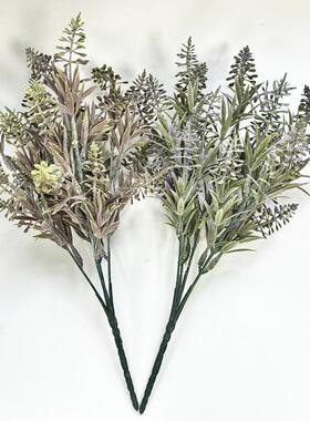 新款塑料扑粉把束5头薰衣草紫色咖啡色花箱栅栏装饰摆放仿真花
