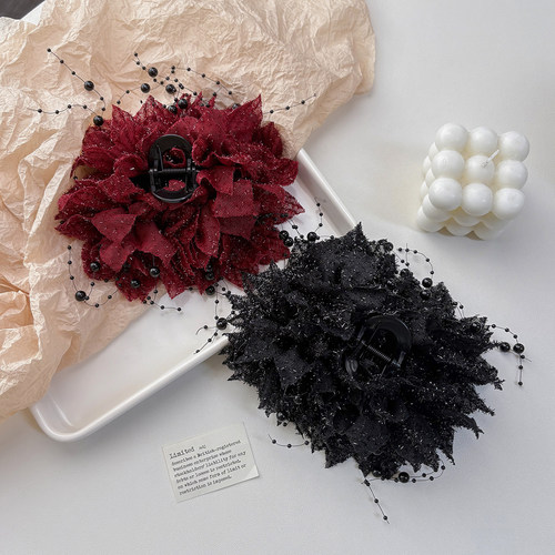 高级感大号花朵头发抓夹发夹子头饰发卡女鲨鱼夹后脑勺显发量流苏 - 图1