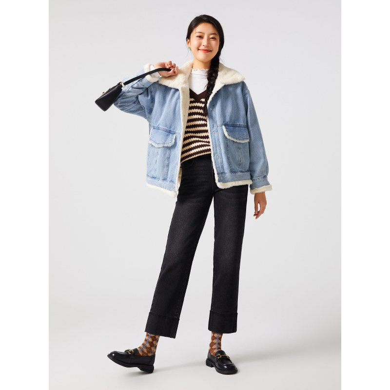 热风2023年冬季新款女士宽松牛仔拼接外套加绒加厚保暖小香风上衣,淘宝优惠券,粉丝福利购,淘宝优惠卷