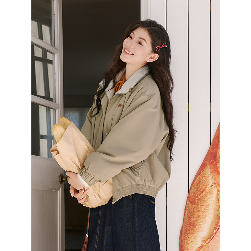 热风女士立领夹克外套仿羊羔毛外套2025年冬季新款宽松休闲上衣,淘宝优惠券,粉丝福利购,淘宝优惠卷