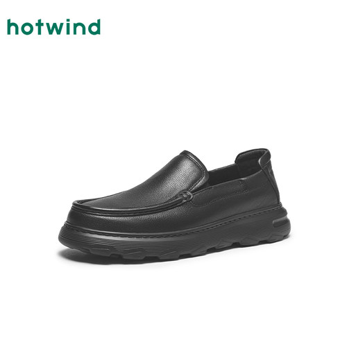 热风男鞋秋季新款男士黑色时尚休闲皮鞋厚底增高百搭乐福鞋 - 图0