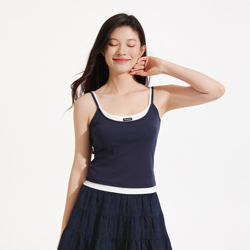 热风2026年夏季新款女士假两件吊带拼色休闲内搭打底衫吊带上衣 - 图2