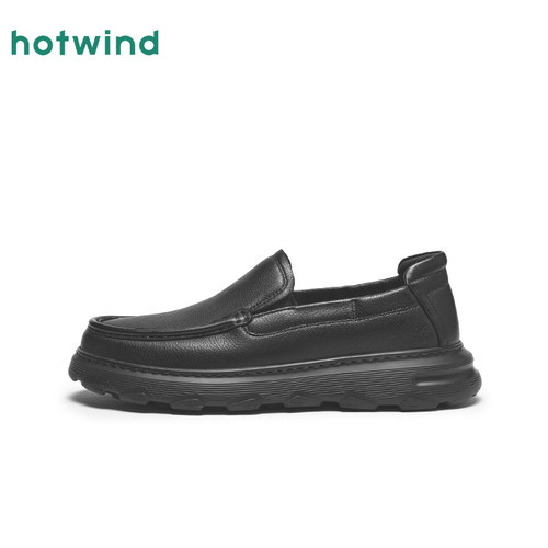 热风男鞋秋季新款男士黑色时尚休闲皮鞋厚底增高百搭乐福鞋 - 图2