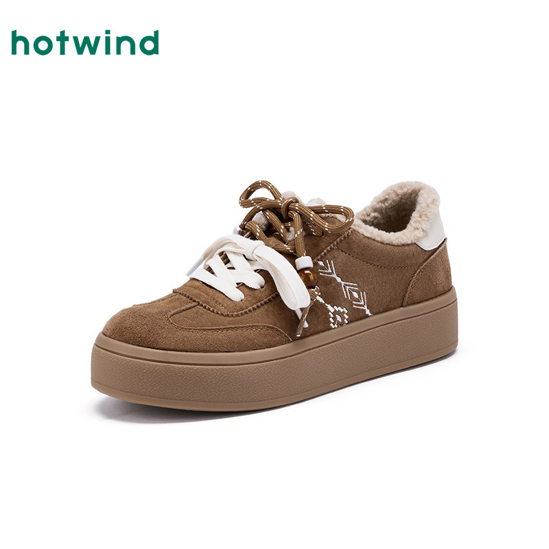 热风厚底德训鞋女鞋2025年冬季新款复古棕色休闲鞋美拉德加绒板鞋 - 图0