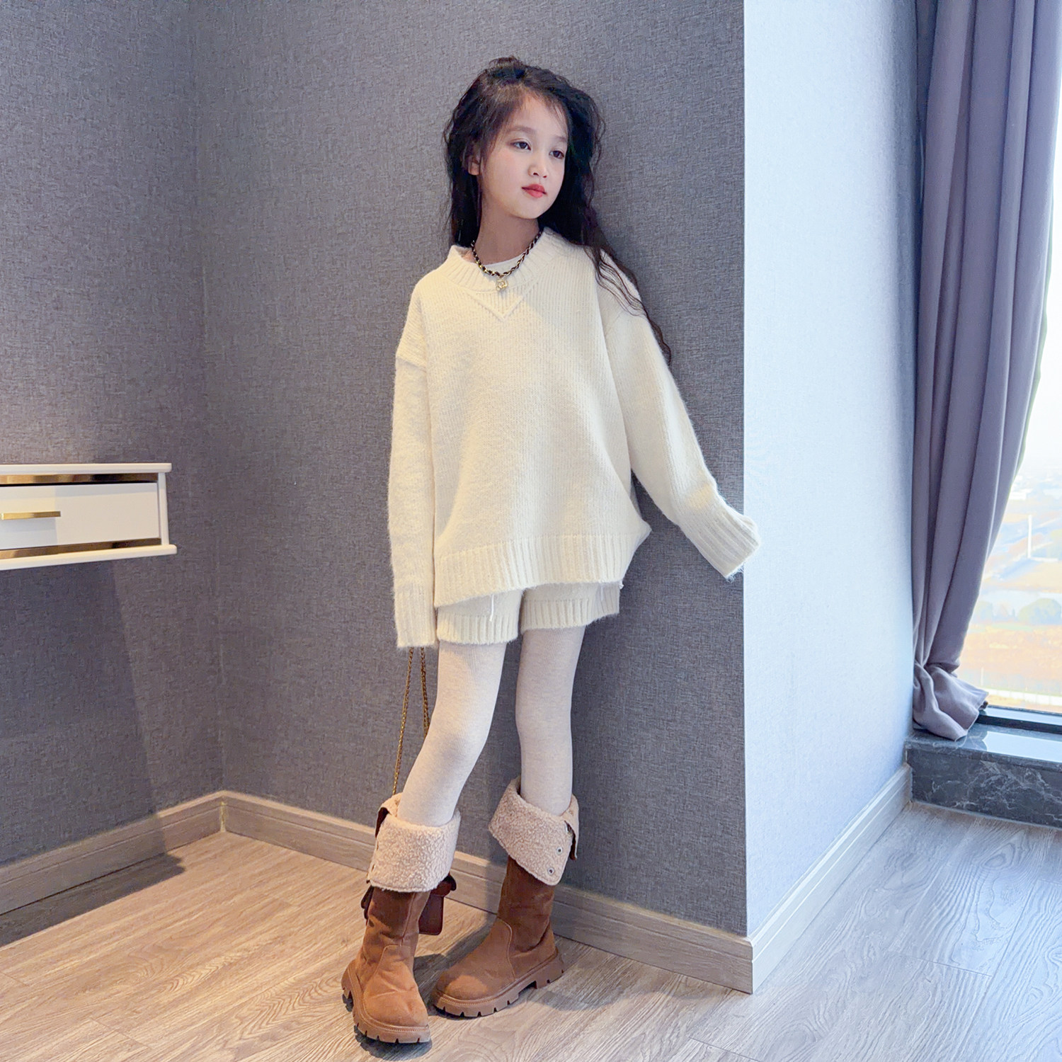 女童韩系针织套装秋冬2026新款时尚女孩酷飒慵懒风毛衣短裤两件套,淘宝优惠券,粉丝福利购,淘宝优惠卷