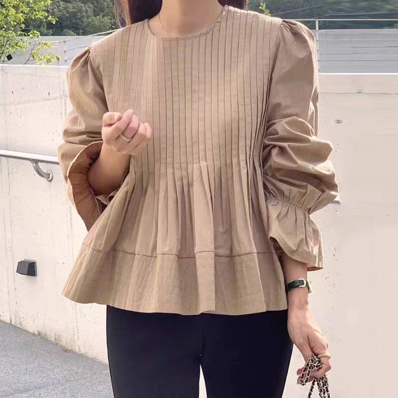 韩国chic圆领风琴褶设计感宽松百搭纯色喇叭袖衬衫女,淘宝优惠券,粉丝福利购,淘宝优惠卷