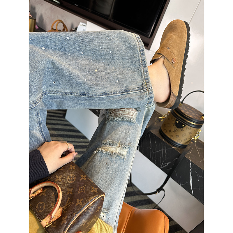 绝美重工烫钻~！窄版破洞阔腿牛仔裤女2026春新款高腰宽松长裤子,淘宝优惠券,粉丝福利购,淘宝优惠卷