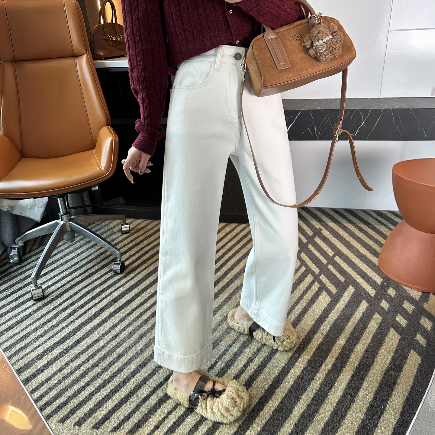 主推挚爱！软糯舒适加绒直筒裤女显瘦四面弹白色九分阔腿牛仔裤子,淘宝优惠券,粉丝福利购,淘宝优惠卷