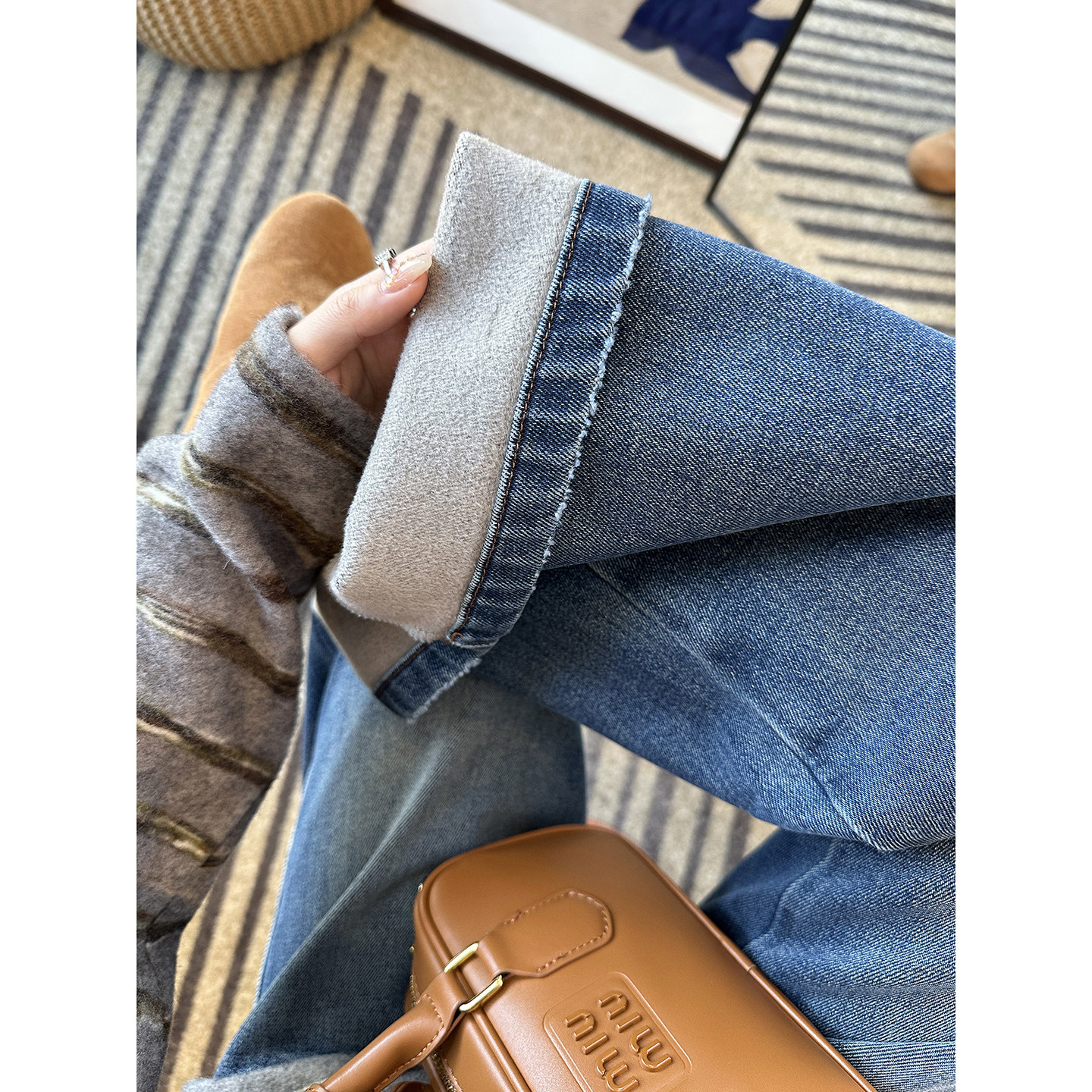 松弛感神裤！~加厚加绒阔腿牛仔裤女秋冬复古水洗磨白宽松长裤子,淘宝优惠券,粉丝福利购,淘宝优惠卷