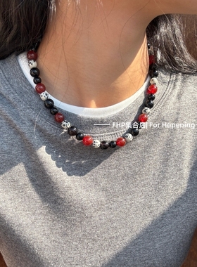 黑色红玛瑙天然石项链气质高级感