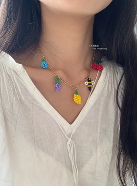 彩色水果蜜蜂手工串珠项链锁骨链