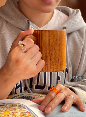 十月和晚非 韩国小众设计ylyl夏日彩色多钻树脂戒指 ins风指环女