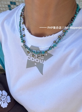 绿松石串珠雏菊不掉色钛钢项链