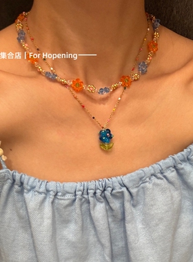 橘色水晶花朵手工串珠项链