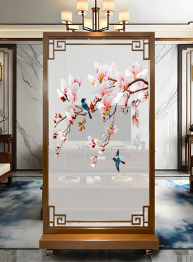 新中式实木屏风隔断客厅玄关办公室遮挡装饰画玉兰花鸟双面绣苏绣