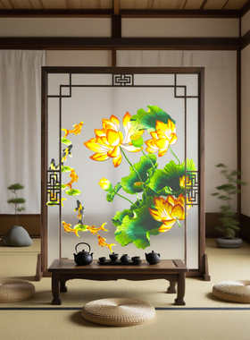 新中式实木双面苏绣荷花鱼屏风