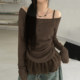 ROCKMORE ສາວເກົາຫຼີຮ້ອນຫວານ lace stitching pleated slim top off-shoulder sexy ເສື້ອຍືດແຂນຍາວ