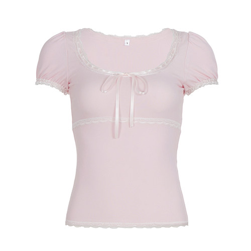 #ROCKMORE#少女感粉白撞色蕾丝拼接 方领T恤女泡泡袖收腰甜辣上衣 - 图3