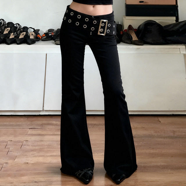 ສີດໍາ eyelet hip ການອອກແບບ jeans ແອວຕ່ໍາສໍາລັບແມ່ຍິງ