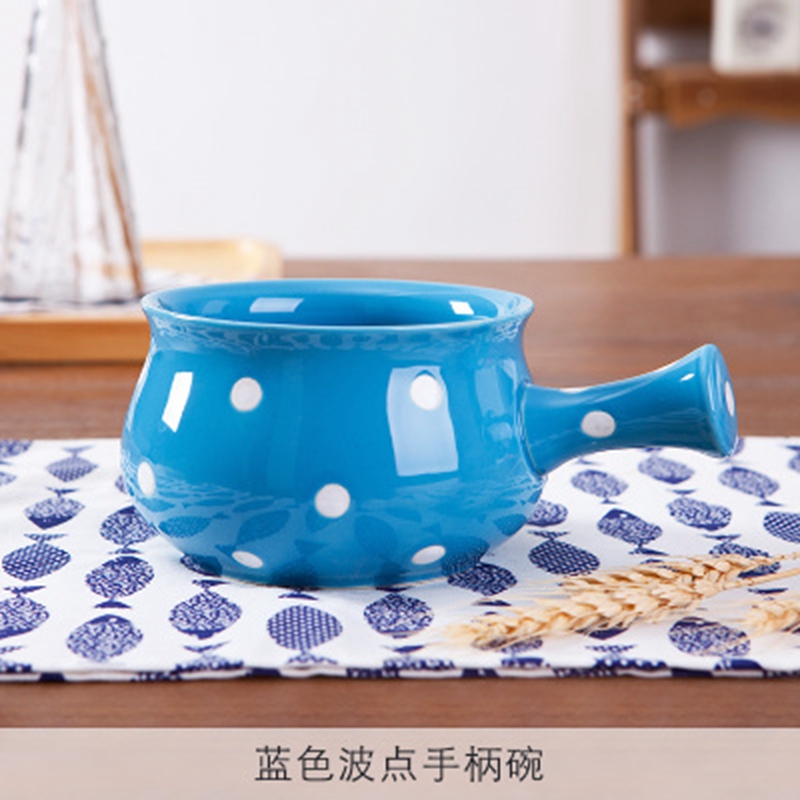 日式波点手柄碗家用带把手陶瓷碗创意早餐碗燕麦碗甜品碗焗饭碗-图0