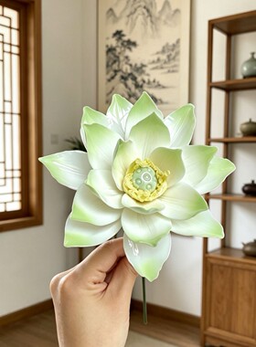 新中式陶瓷莲花摆件纯手工荷叶莲蓬客厅茶室装饰花手捏工艺摆设