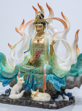 汉白玉九尾狐娘娘神像供奉摆件