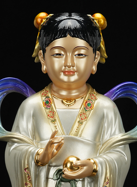 黄铜贴金彩绘善财龙女佛像一对