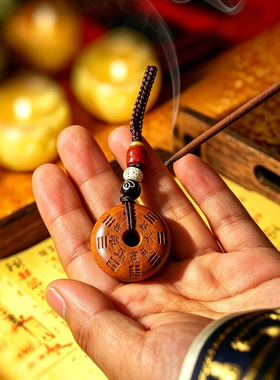 龙虎山正品桃木山鬼八卦花钱吊坠