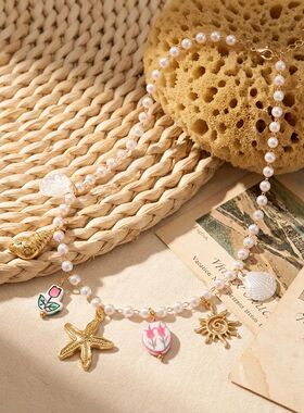 Bohemian Imitation Pearl Beaded Chain Necklace for Women Oce