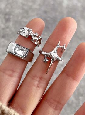 Silver Color Punk Geometric Star Ring Set Irregular Crystal