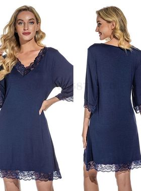 Women's Lace Sexy V-Neck Nightdress Solid Color Knitted Cott