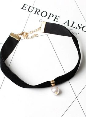 Simple Vintage Velvet Pearl Choker Short Black Clavicle Coll