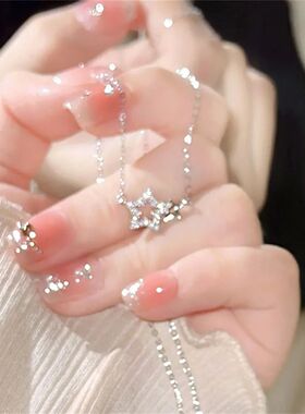 Sweet Pink Bow Necklace, Rhinestone Star Pendant Clavicle Ch