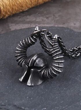 Men's Viking Spartan Helmet Necklace Stainless Steel Ram Hor
